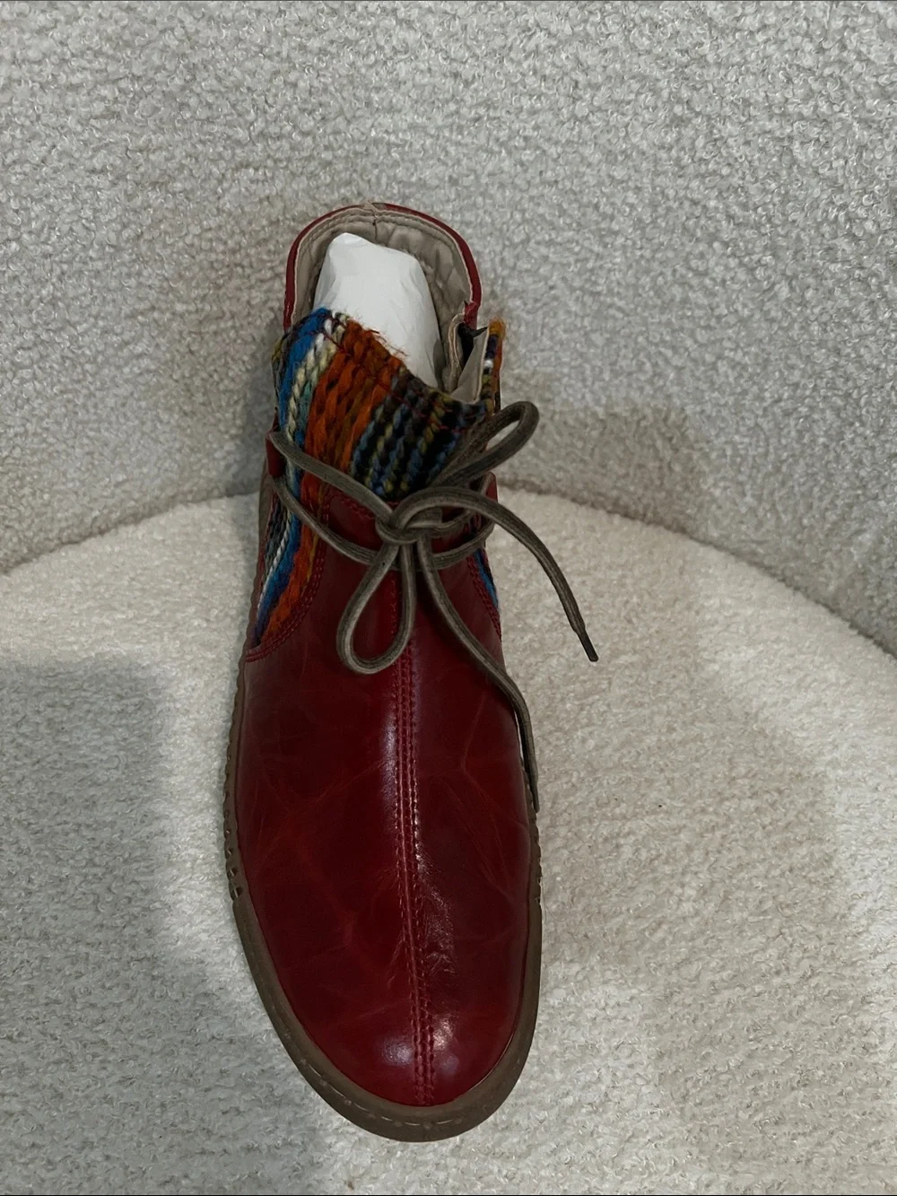 Josef Seibel Red Leather Ankle Boot with Multicolor Knit Insert